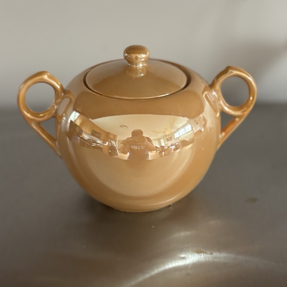 Vintage Orange Yellow Gold Luster ware Iridescent Teapot And Sugar Made In Japan - Picture 13 of 16
